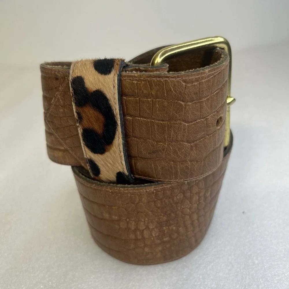 Vintage Ruza Croc Embossed Leather Wide Belt Leopard Strap Women 38
